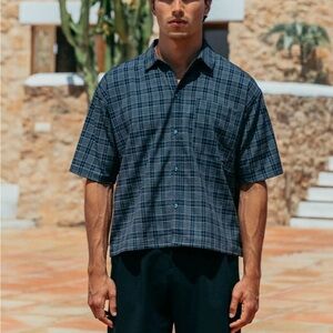 33mm Lucas boxy navy plaid short sleeve button down shirt unisex